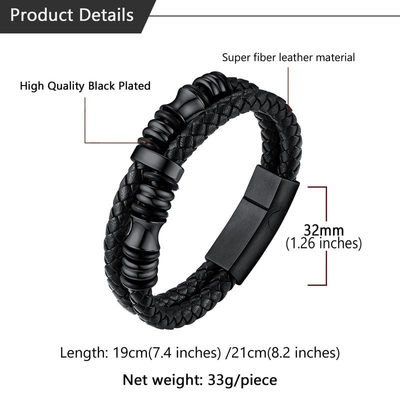U7 Black Braided Leather Bracelet with Black Metal Clasp, 2-Layer