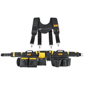 Aupofit Comfortable Tough Thick 7-Piece Tool Belt with Suspenders 32 Pockets and Loops,1680D Denier Fabric Heavy Duty Tool Belts with Carry Handles, Fits Waists 36-49In, Black and Yellow