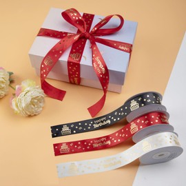 IHKFILAN Satin Ribbon for Gift Wrapping, 1 Inch 25 Yards Happy Birthday Ribbon, Polyester Ribbon with Gold Letters for Invitations Bouquets Birthday Parties Weddings DIY Bows (Off White, Happy Birthday)