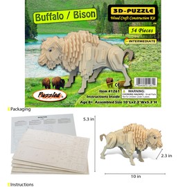 Puzzled 3D Puzzle Buffalo Wood Craft Construction Model Kit, Fun & Educational DIY Bison Wooden Animal Toy Assemble Model Unfinished Crafting Hobby Puzzle, Build & Paint for Decoration 54 Pieces Pack