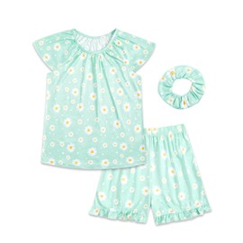 JiAmy Girls' Summer Pyjamas, 3-Piece Pyjamas, Girls' Set, Short Sleeves, Printed Children's Casual Loungewear Set, Sleepwear Girls, Green