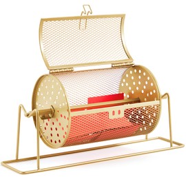Teenyyou 7.09" x 4.72" Small Raffle Drum Upgraded Ticket Spinner Holds 600 Tickets Raffle Wheel Spinner with Stand Drum Cage for Games Events(Gold)