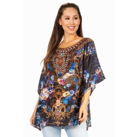 Sakkas 1049 - Marina Women's Casual Short Sleeve Blouse Top Tunic Loose Floral Round Neck - 555-Black - L/XL