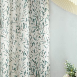 VOGOL Natural Grommet Curtains for Kitchen, 63 Inches Long Vivid Leaves Pattern Printed Linen Textured Draperies, Energy Saving Window Treatments for Bedroom Front Door, 1 Panel