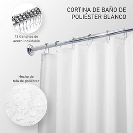 Mebix TRD Cortina de baño Impermeable,Lavable, Antimoho 183X214cm con 12 Ganchos de Acero|Accesorios de baño,Ducha (Blanco)