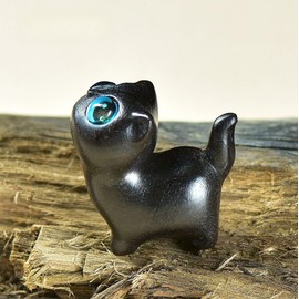 HLbshi Mini Handmade Wooden cat Head up cat Figurine Animal Carving Statue Office Desk Study Room Home Decoration (Black)