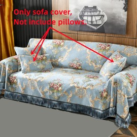 Amidoudou European Luxury Couch Cover for Loveseat Cushion Couch, Sectionals L Shaped Couch,Jacquard Chenille Sofa Cover Slipcover with Tassels (Blue,Large 71 "x102)