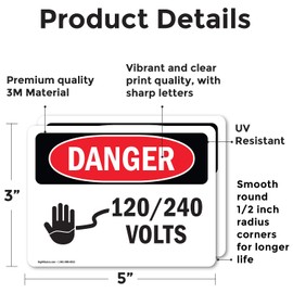 (2 Pack) 120 240 Volts OSHA Danger Sign 5 Inch X 3.5 Inch Vinyl Label Decal Sticker Weather Resistant, UV Protected for Workplace, Business, and Construction Site, Made in the USA