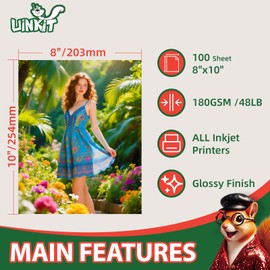 Uinkit Premium Glossy Inkjet Photo Paper - 8x10 Inch, 48lb 180gsm, 100 Sheets - Professional Photographic Quality, Dye Ink Compatible, High-Gloss Finish for Vivid Photos & Sharp Details