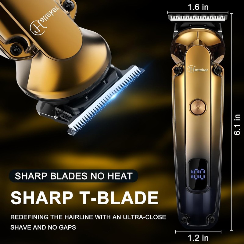 Hattekerひげトリマーセット電気かみそりかみそり専門ヘアカット、隙間ゼロT型ブレードトリマー付き鼻耳ひげトリマー男性防水コードレス美容セット6 in 1(ゴールド)