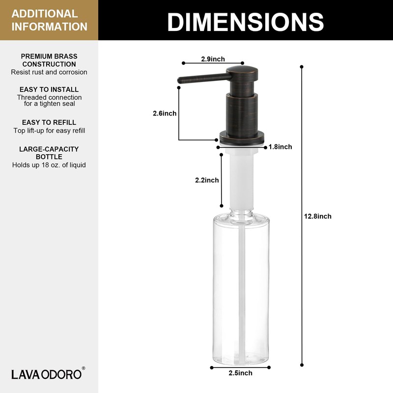 Lava Odoro Bronze Soap Dispenser for Kitchen Sink, Modern Brass