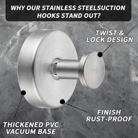 Eolax Suction Cup Hooks for Shower/Bathroom Heavy Duty Removable for Towels, Robes, Loofah - No Drill Stainless Steel Hooks for Glass, Mirror, Tile, Kitchen (2-Pack) Brushed Nickel