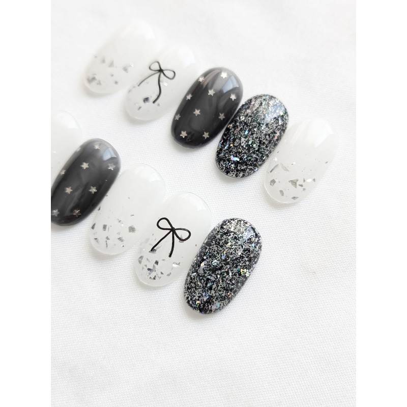 Black Ribbon Nail ★ Star Spangle Point ★ Handmade Nail