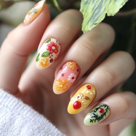 Short Press on Nails Oval Shape Floral Fake Nails Summer Fresh Flower False Nails Sweet Cute Glossy Colourful Acrylic Nails with Gradient Flower Designs Fashion Nail Set Glue on Nails for Women