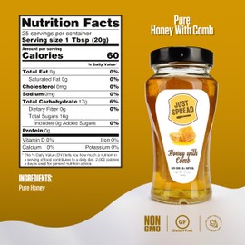Just Spread 100% Pure Honey with Comb | Single-Sourced, All Natural | Gluten Free, Non GMO, No Sweeteners | 17.6oz Jar (Wildflower)