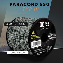 GO!elements 100 m Paracord Rope Made of Tear-Resistant Nylon Cord - 4 mm Paracord 550 Type III Cord - All-Purpose Rope and Cord - Max. 250 kg, Colour: Black/White