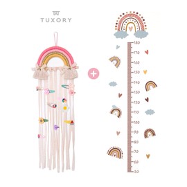 TUXORY Organizador de moños Arcoíris macramé decoración colgante de pared para habitación niñas Soporte de pinzas clips accesorios de cabello diseño bohemio con calcomanía vinil decorativa medidor de altura