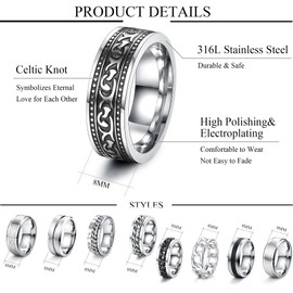 JeweBella Men's Stainless Steel Rings Polished Silver Celtic Knot Vintage Biker Rings Black Chain Rings Viking Gothic Rings Set Engagement Friendship Rings for Men 9 Pieces, 不