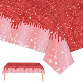 2pcs Red Table Cloth Party Disposable Tablecloths,137 x274cm Shiny Glitter Diamond Red Christmas Party Rectangular Dining Table Cover for Baby Shower,Wedding,Birthday,Princess Party Table Décor