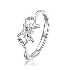 Dainty Bow Tie Open Statement Rings S925 Sterling Silver Promise Love Cubic Zirconia Heart Diamond Bowknot Eternity Engagement Wdding Ring for Women Stacking Finger Band Adjustable Dainty Jewelry