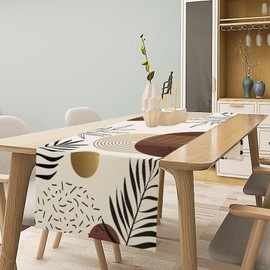 Brown Abstract Mid Century Table Runner Boho Tropical Leaves Botanical Geometric Arch Minimalisted Modern Dinner Runner for Farmhouse Home Kitchen Dining Holiday Party Decor 13x90in