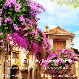 Arsey Mediterranean Tapestry Blooming Bougainvillea Street Scene Wall Cloth, Coastal City Nature Landscape Boho Beautiful Tapestries Cafe Restaurant Living Room Background Decoration, 300 x 180 cm
