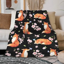 Fox Blanket Cherry Blossom Blanket Cozy Soft Lightweight Flannel Throw Fox Cherry Blossom Decor Gifts for Girls 40"x50"