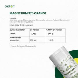 Cadion Magnesium 375 Orange | Magnesiumcitrat Pulver | 60 Portionen | ZUCKERFREI | hoch Bioverfügbar & in Deutschland hergestellt