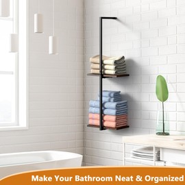 Towel Racks for Bathroom Wall Mounted, Towel Storage Rack with 2 Tier Wood Shelf for Folding Large Towels, Metal Towel Organizer for Small Bathroom