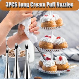 Spritztüllen Set für Windbeutel – 3 Lange Tüllen, Reinigungsbürste + 50 Spritzbeutel (14 Zoll) – Edelstahl, Lebensmittelecht für Backen & Dekoration (3)