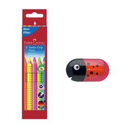 Faber-Castell Jumbo Grip Neon 110994 Colouring Pencils, Pack of 5 (1, Includes Pencil Sharpener Beetle)