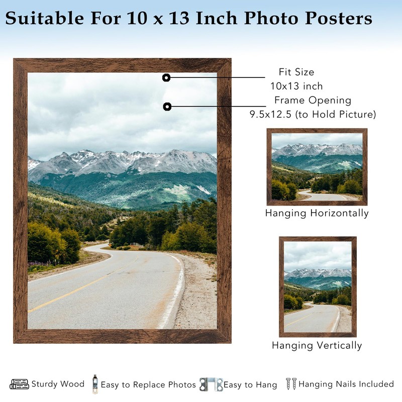 QOTIB 10x13 Picture Frame Deep Brown for Wall Hanging, Wood