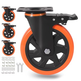 6 Inch Caster Wheels 3000 Lbs, Heavy Duty Casters Set of 4 with Brake, Safety Dual Plate Locking Industrial Casters, Silent Wheels for Cart with Polyurethane Foam (Two Hardware Kits Included)