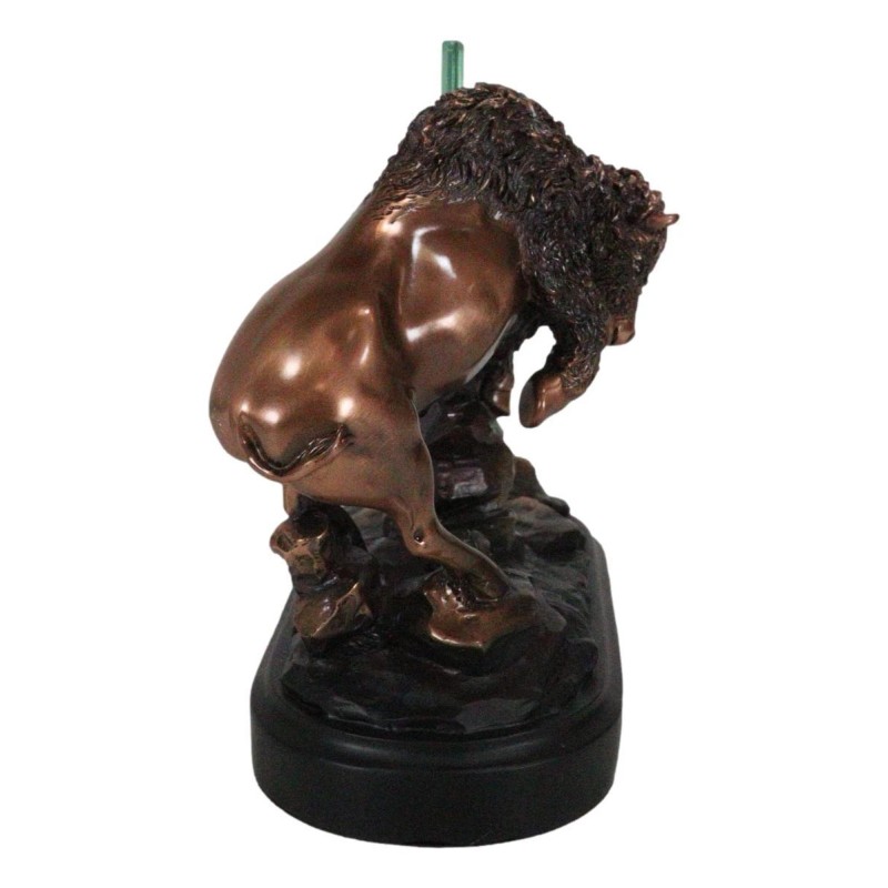 Charging Native American Bison Buffalo Bronzed Figurine With 6X4 Beveled