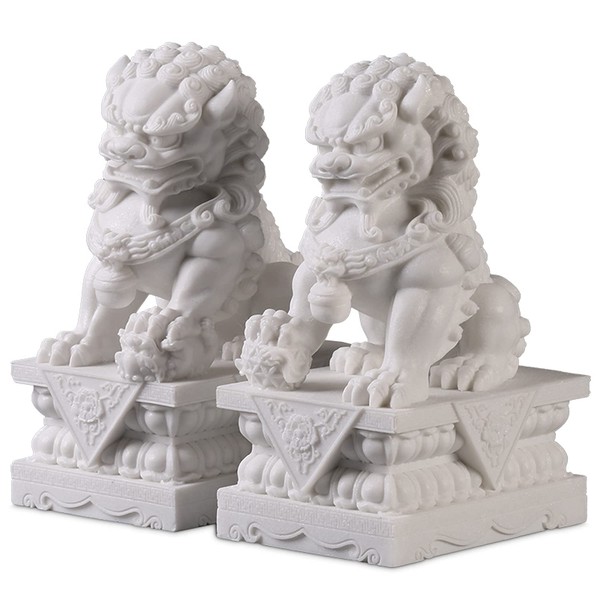 Foo Dogs Statues Pair Marble Feng Shui Guardian Lion Statues Home Outdoor Asian Decor for entrance,Best Housewarming Congratulatory Decor to Ward Off Evil Energy,White,10CM