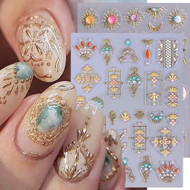 2 Sheets Sun Star Nail Stickers 5D Embossed Gold Nail Art Stickers Self-Adhesive Sun Moon Star Gem Lines Design Nail Art Supplies Luxury Bling Nail Decals for Women Girls DIY Acrylic Nails Decoration