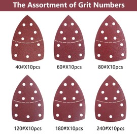 60PCS Sanding Pads,Hook and Loop Sanding Sheet,11 Holes Mouse Sander Pads Assorted 40/60/80/120/180/240 Grits Mouse Sandpaper