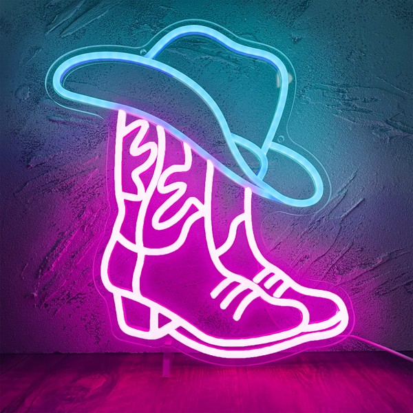 Manimo Cowboy Boot and Hat Neon Sign, LED Pink Cowgirl