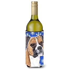 Caroline's Treasures SC9390LITERK Boxer Winter Snowflakes Holiday Wine Bottle Hugger Bottle Cooler Sleeve Hugger Machine Washable Collapsible Insulator Beverage Insulated Holder