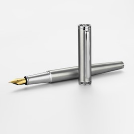 BEILUNER Luxury Fountain Pen Set, Solid 24K Gilded Medium Nib, Silver Stainless Steel Body- Includes 6 Ink Cartridges & Ink Refill Converter with Gift Case - Nice pen for Men and Women