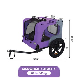 Aosute Pet Bike Trailer,Dog Bike Trailer for Small and Medium Pets,Up to 88 lbs Easy Folding Cart Frame Quick Release Wheels,Non-Slip Floor,Internal Leash(Purple)
