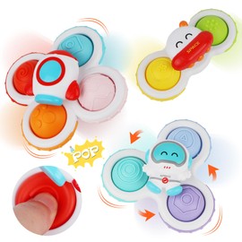 QMLING 3 Stück Saugnapf Spielzeug Baby, Weltraum Sensorik Spielzeug, Baby Spinner mit Saugnapf, Fidget Badespielzeug für Kinder ab 3 Monaten Geschenke