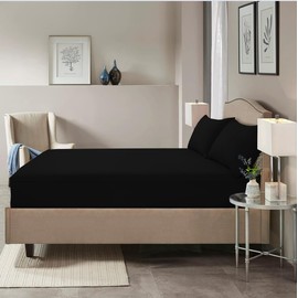 HADI LONDON Microfibre Fitted Sheet Single Double King and Super King - 16 inch (40 cm) Extra Deep Pocket Soft Plain Dyed Brushed Shrinkage and Fade Resistant Bed Sheet (Black, Double)