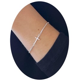 Sterling Silver Cross Bracelets for Women, Sideways Cross Bracelet, Horizontal Layering Layered, Austin Down to Earth, 7 or 8 Inch Adjustable (7.5-8.5 inch length)