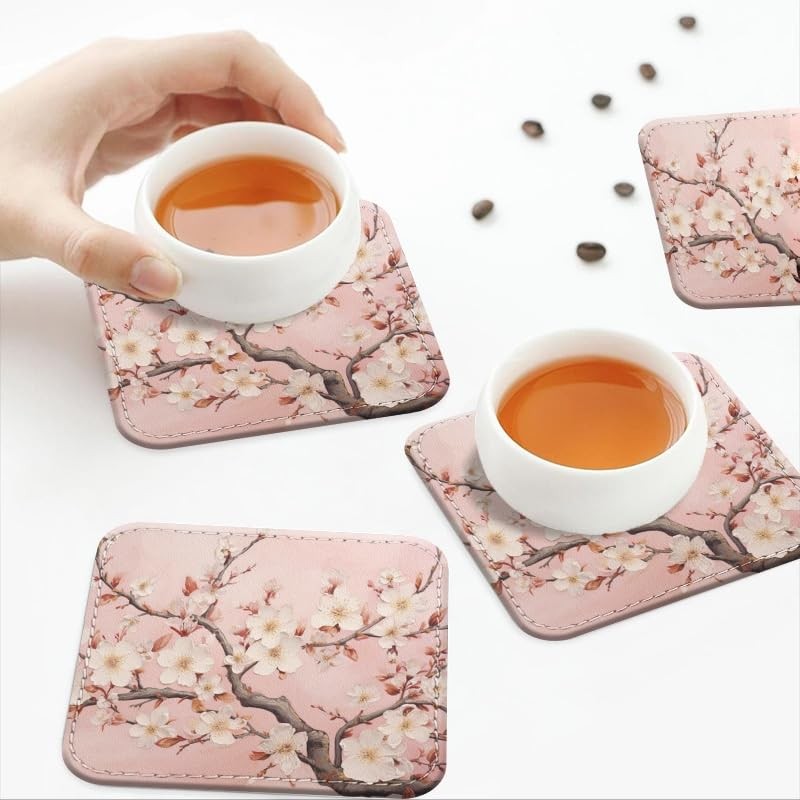 Coasters for Drinks with Holder, Pink Cherry Blossoms on Branches