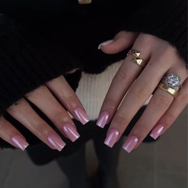 Pink Glazed Donut Press on Nails Medium Short Square, Rose Pink Chrome Nails Press ons for Women, Aurora Glue on Nails Medium, Reflective Mirror Shinny Acrylic Nails Light Weight & Fit Perfectly