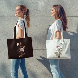2 Pieces Canvas Tote Bag Classic Floral Black & White Set Canvas Bag with Pocket for Work Shopping Beach Reusable Grocery Bags Birthday Christmas Presents for Women Girls Lawyer Teacher Appreciation