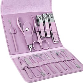Manicura Set 16 en 1 manicure kit acero inoxidable manicura y pedicura, conjunto de uñas de acero inoxidable, conjunto profesional de corte de uñas de belleza (Púrpura)