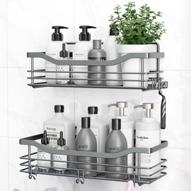 Orimade Shower Caddy Basket Shelf Storage Rack, No Drilling Wall Mounted Adhesive Rust Proof Stainless Steel Shower Organizer with 5 Hooks for Bathroom, Grey 2 Pack