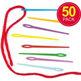Baker Ross EF892 Bulk Pack of Coloured Plastic Needles for Classroom Projects, Kids Sewing Embroidery Kits for Beginners, Assorted, (Pack of 50)